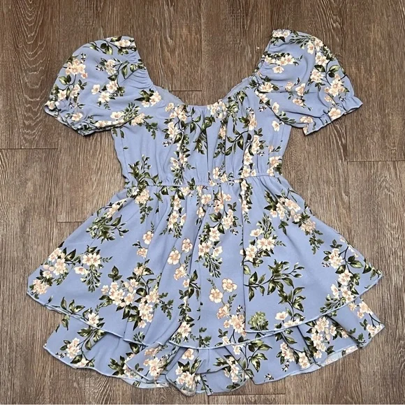 Inspired Hearts Floral Romper Blue Puff Sleeve Square Neck Ruffle | Size: Med - Picture 6 of 7